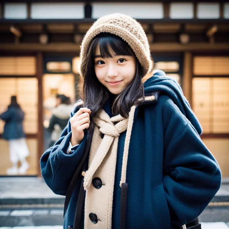 An ultra-high picture quality、Perfect Photo、16-year-old beautiful girl in Japan、wearing a navy blue duffel coat、early evening、Sobby expression、