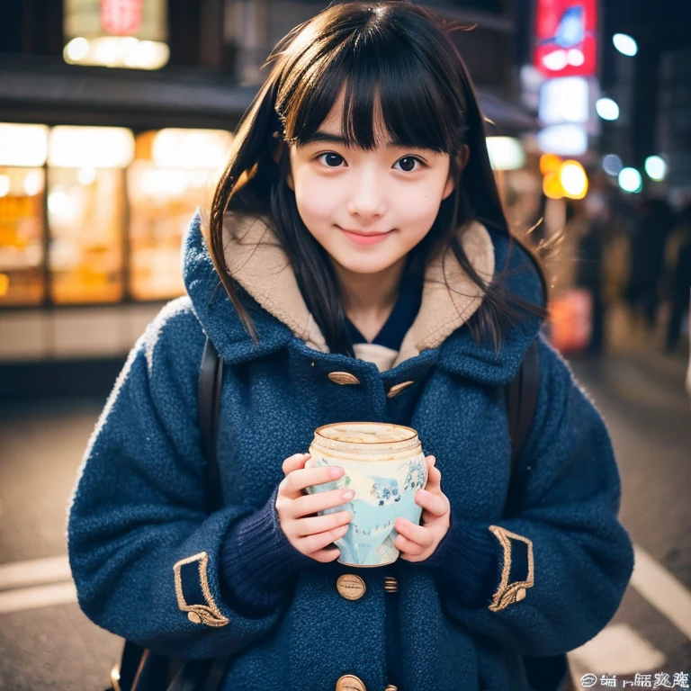 An ultra-high picture quality、Perfect Photo、-yeld beiful girl in Japan、wearing a navy blue duffel coat、early evening、Sobby expression、