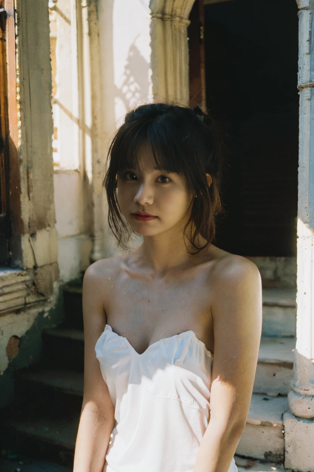 ((Top Quality)),((Masterpiece)),((Very Beautiful)), Distinctive light and shadow, One naked girl, Messy hair, Realistic skin texture, Ancient ruins, Destroyed stairs of a royal palace, Feminine pose, Tropical plants