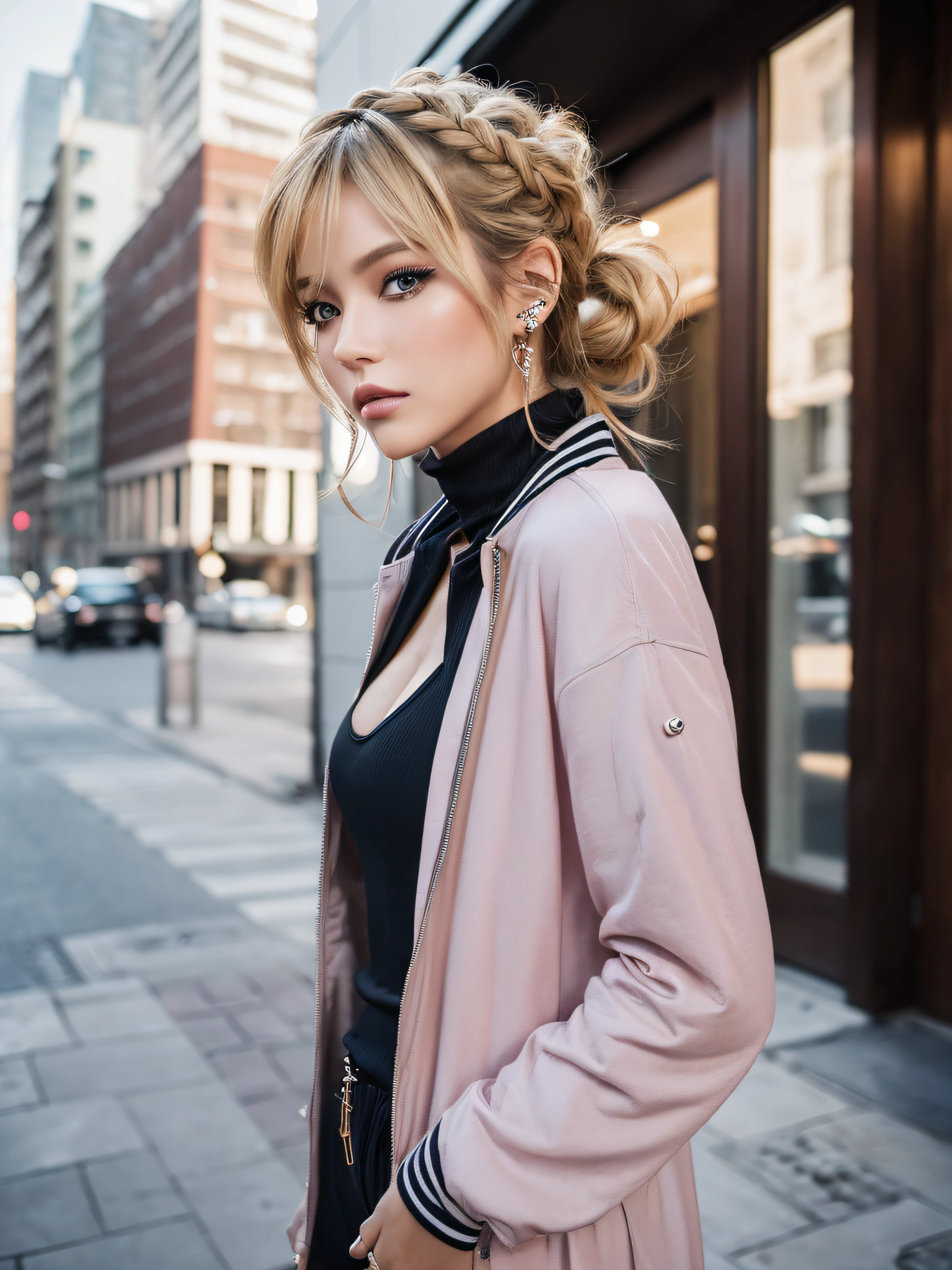 (((​masterpiece,top-quality,16 K,Ultra Detail,reallistic))),One lady,Photographed from the waist up from the side,Looking here,((Trendy hairstyles,bobhair,Air bangs,a blond)),(Posing like a fashion model,Looks like a model,cool expression,Large duplex,Super delicate appearance,small tits,Smaller chest,Model body type,Trendy makeup),(Piercing,Trendy fashion,Onepiece,jaket,long-sleeve),(outside of house, Cityscape,Model style)