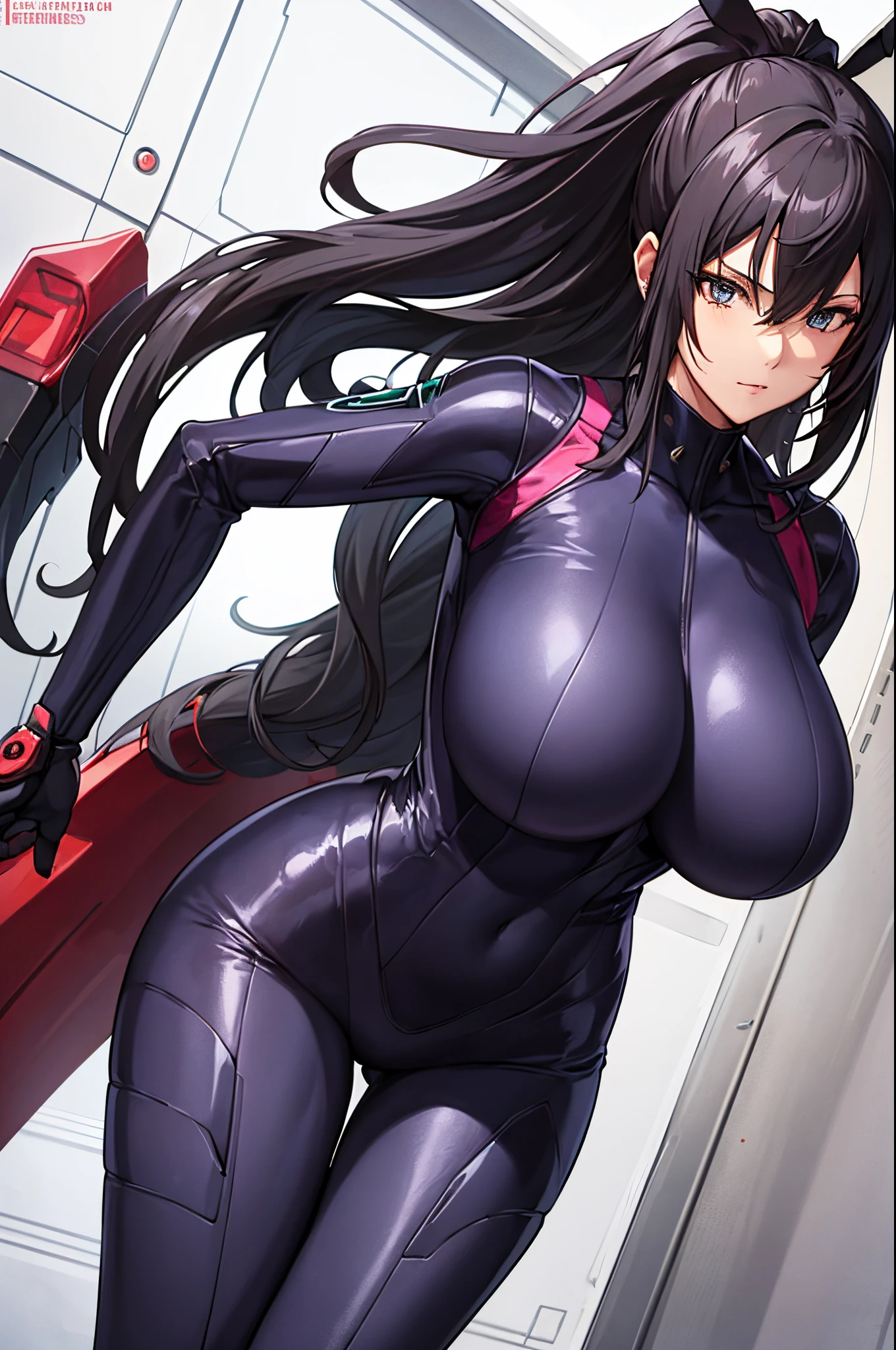 1 woman, woman in a futuristic suit posing for a picture, oppai cyberpunk, biomechanical oppai, highly detailed face, large boobs, emo, cool, tomboy, aggressive woman, stunning eyes, natural hair, flowing hair, detailed lighting, dynamic angle, (extreme shading), gorgeous eyes, stealth suit, gynoid body, cybersuit, (bodysuit covering skin), taimanin suit, long legs, skinny legs, curvaceous but thin, skinny, slim hips, milfication, mature female, milf, very large breasts, (seductive anime girl, wearing tight suit), fuumasaika, science fiction, gantz, Milfication, mature female, 30yo, step-mom, mommy