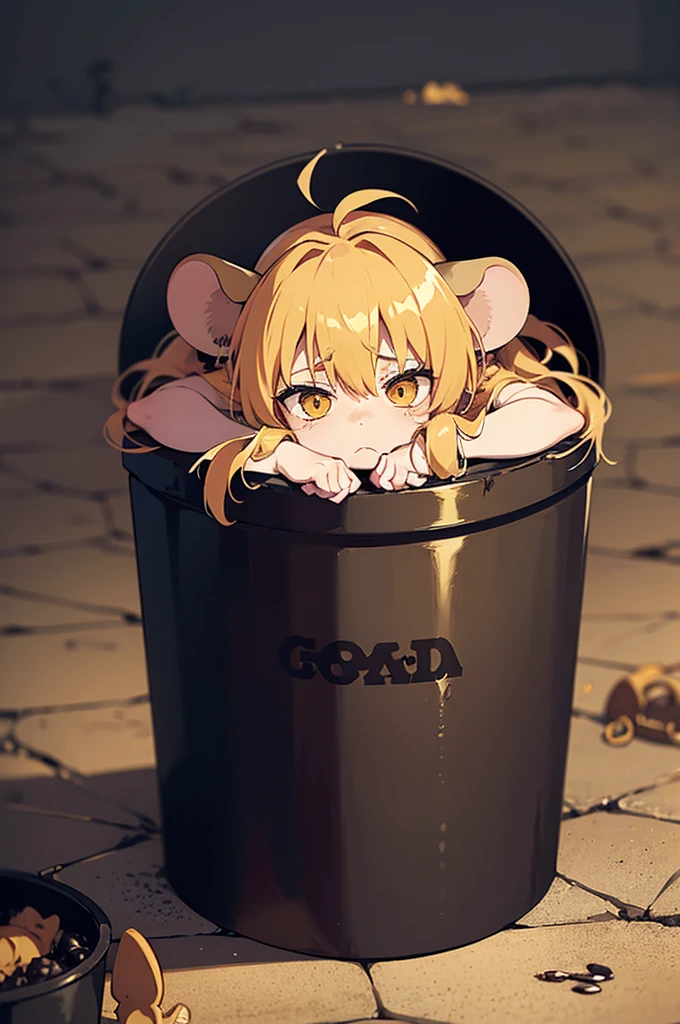 Tattered clothes, dirty clothes, almost nude, small golden mouse, in giant black garbage can, pure gold fur, mouse ears, mouse tail, mouse whiskers, sad, starving, hungry, scared, desperate, skinny, , young, emaciated, anime mousegirl sitting on the ground, inspired by asuka langley, nami, looking up at viewer
