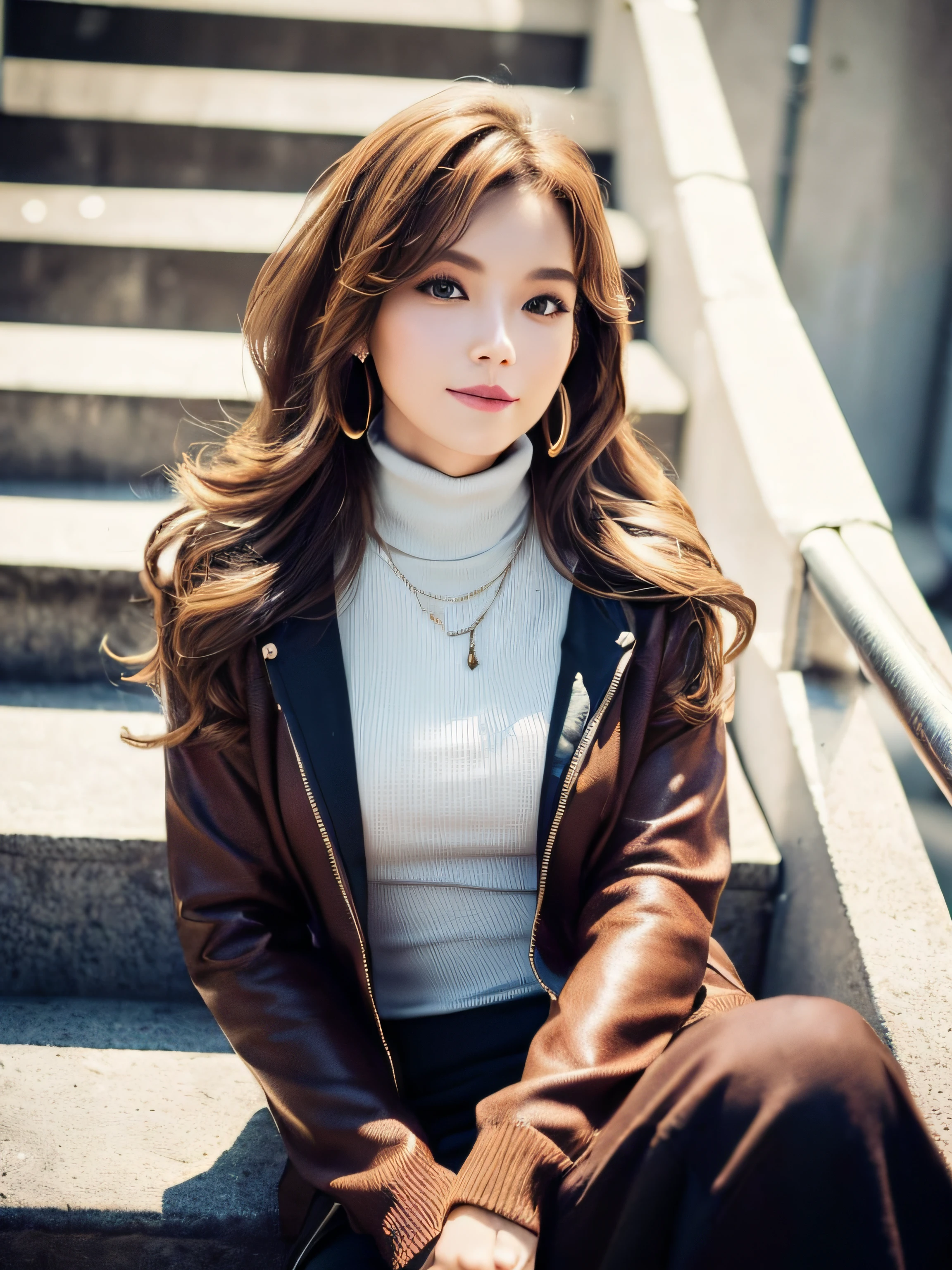 (((masterpiece,top-quality,16 K,Ultra Detail,reallistic))),One lady,Photographed from the waist up from the side,Looking here,((Trendy hairstyles,Loosely curled long hair,Air bangs,Light brown hair color)),(Posing like a fashion model,Looks like a model,A smile,Large duplex,Super delicate appearance,small tits,Smaller chest,Model body type,Trendy makeup),(Piercing,Trendy fashion,One-piece clothes,turtle neck,jaket,long-sleeve),(outside of house,Sitting on the stairs,Model style)