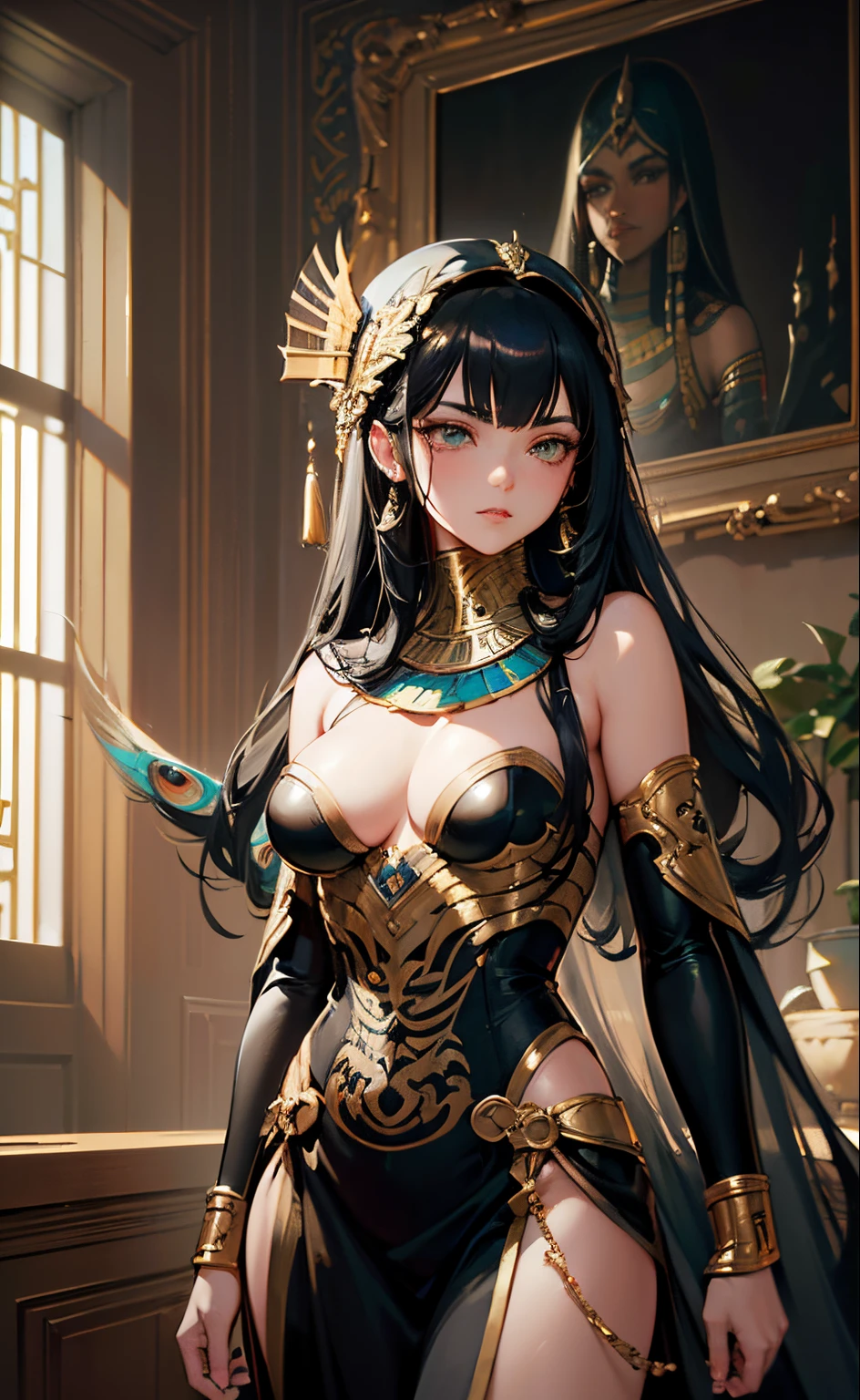 8k portrait of beautiful cyborg with black hair, intricate, Egyptian elegant, highly detailed, Egyptian majestic, digital photography, art by artgerm and ruan jia and greg rutkowski surreal painting gold peacock filigree, broken gsterpiece, sidelighting, finely detailed beautiful eyes: 1.2), hdr,