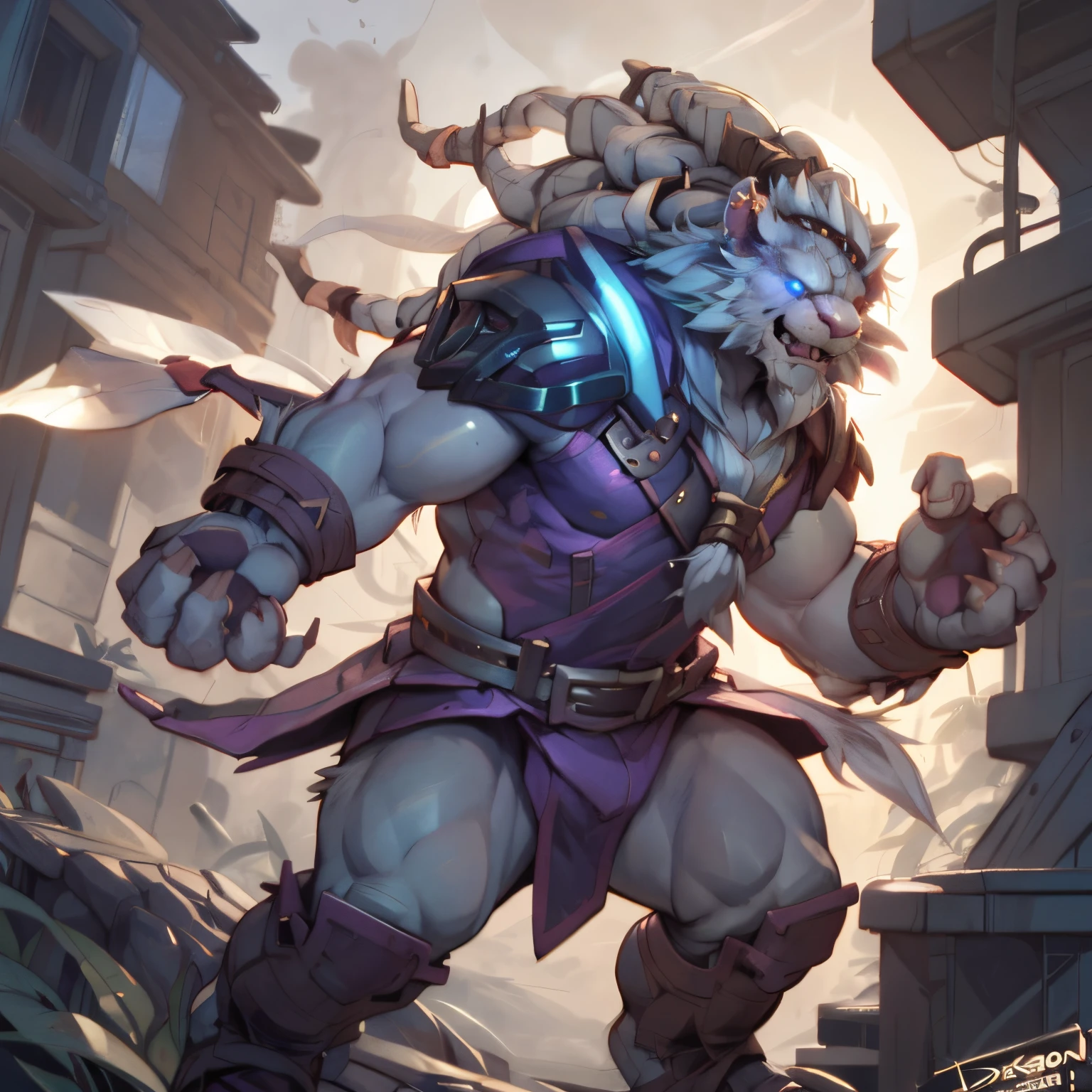 (por narse, por null-ghost, por darkgem, por personalami), Rengar \(lol\), dandelions, ojos azules, garras, Antecedentes detallados, Parche ocular, pata trasera, masculino, Vestido, ropa superior, ropa inferior, cyberpunk, Akihabara, Tokio, calle, Noche, N...