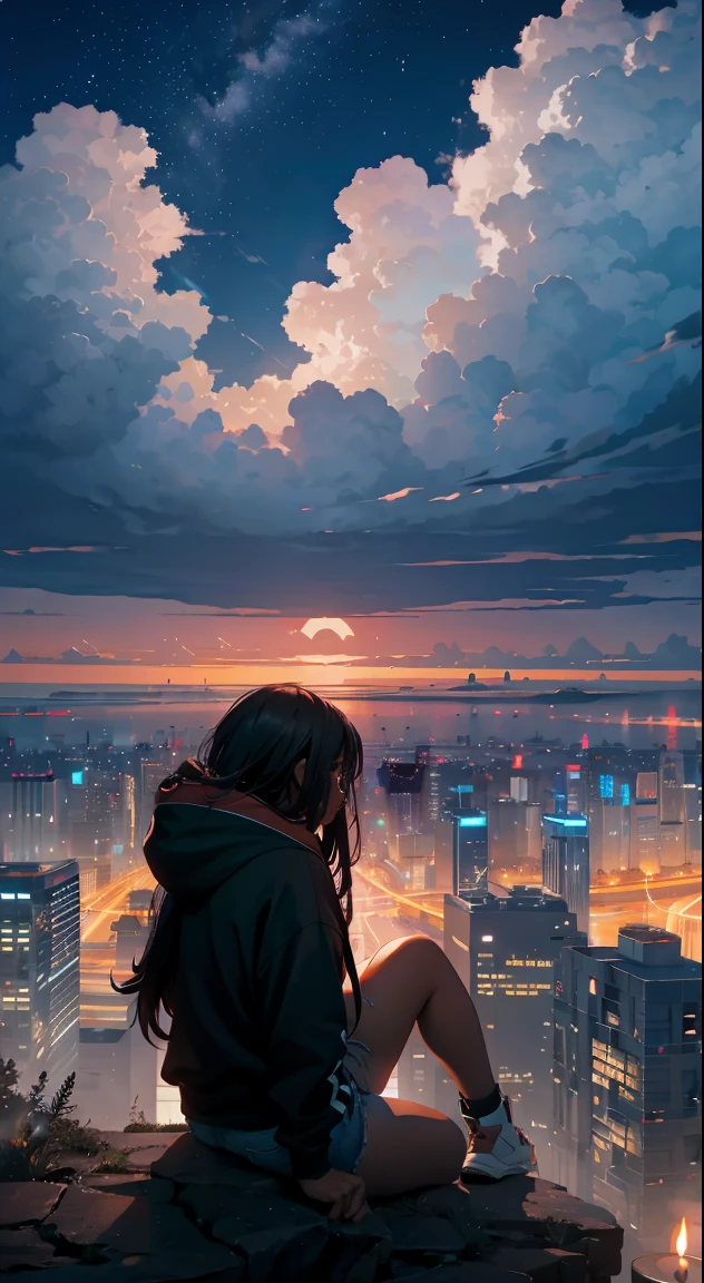 octane, sky, star (sky), scenery, starry sky, night, 1 black girl, night sky, solo, outdoors, building, cloud, milky way, sitting, jarred candles , long hair, city, silhouette angle, wearing a red hoodie and jean shorts, cityscape