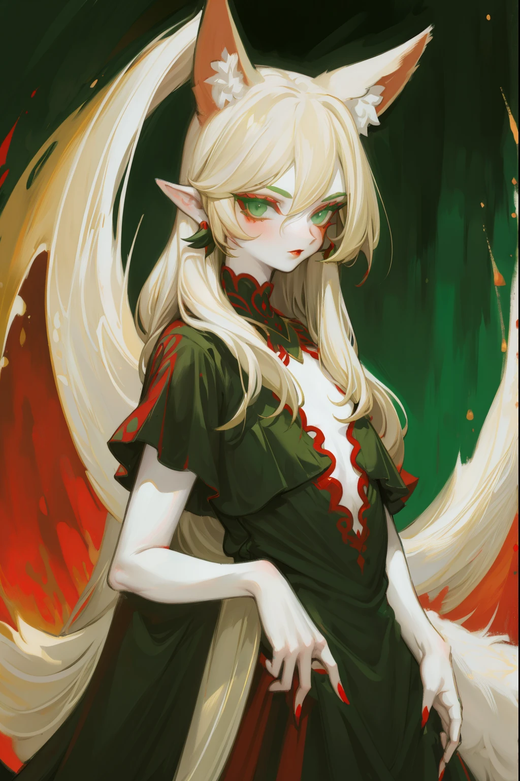 Upper body standing painting, sweetheart, solo, pale-skinned, (Fox ears), Green-eyed, Red Eyeshadow, red lips, black magic dress, awas, pervert smirk, tmasterpiece, high high quality