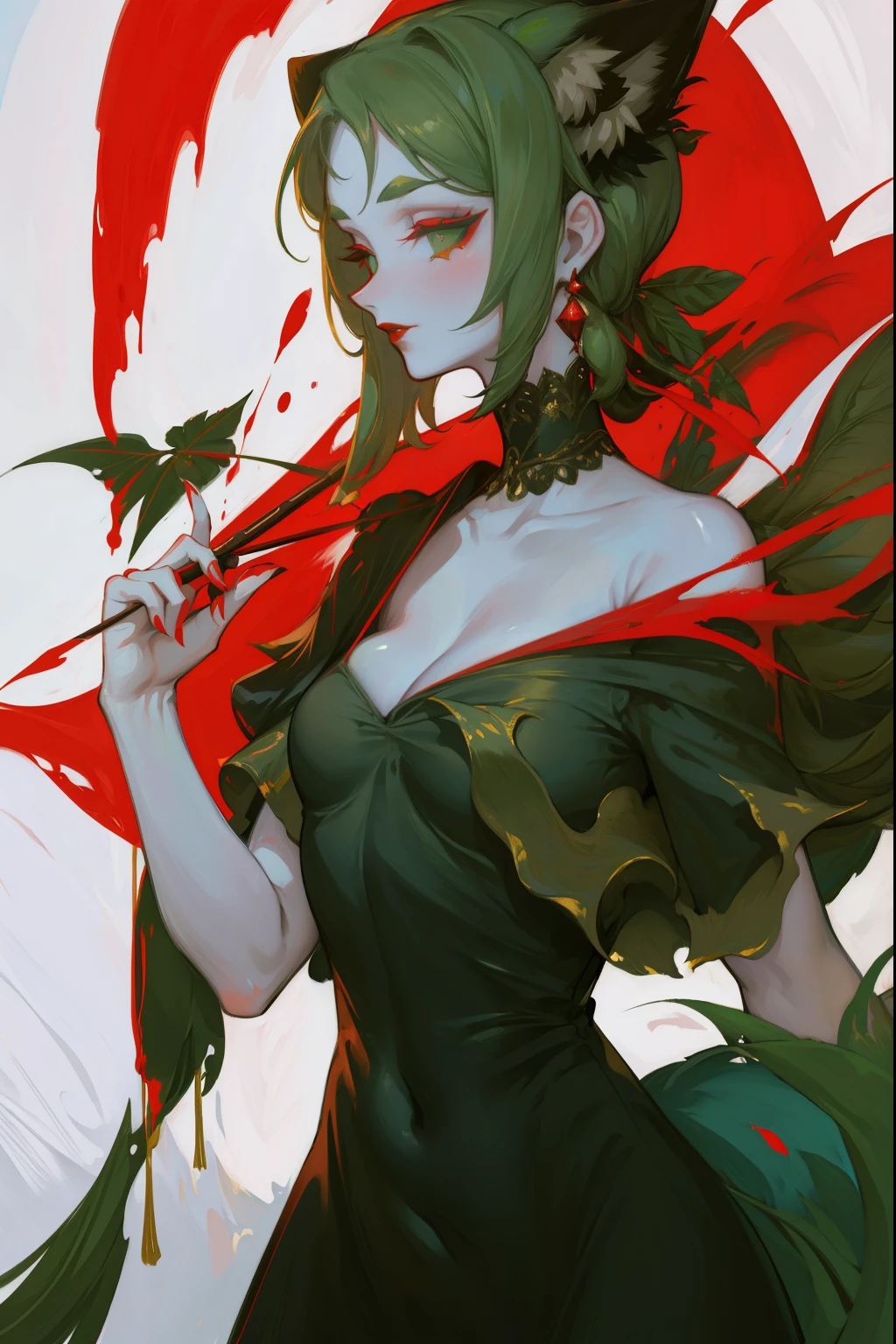 Upper body standing painting, sweetheart, solo, pale-skinned, (Fox ears), Green-eyed, Red Eyeshadow, Redlip, black magic dress, awas, pervert smirk, tmasterpiece, high high quality