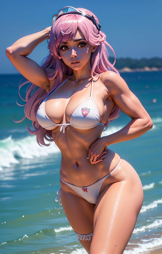 Bambietta bleach, foto de corpo inteiro , pernas grossas e bonita do mais alto grau baseada na personagem bambietta extremely high quality, A mais alta qualidade de imagem, Top resolution, Fotos RAW, Foto Realista, ultra detalhado e bonito, Detalhes mais altos, Pele clara bonita, (seios grandes, seios aparente, micro bikini, medium hips, Athletic body, olhos pretos brilhantes, cabelos longos, cabelo rosa, arte digital, 4k, detalhes perfeitos, hipnotizantes, feito profissionalmente, beautiful vector illustration, 12k resolution, ..3d, ((altamente detalhado)),((Ultra alta qualidade)), na praia, bem detalhado