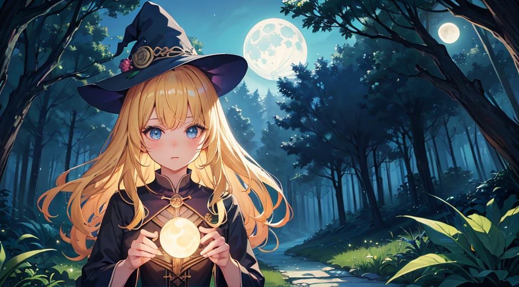 (witch girl, blonde hair, blue eyes, kawaii), (fantastic night forest, moon, colorful glowing plant)