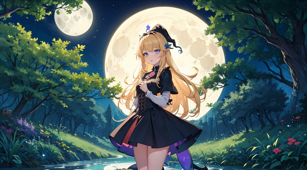 (witch girl, blonde hair, blue eyes, kawaii), (fantastic night forest, moon, colorful glowing plant)