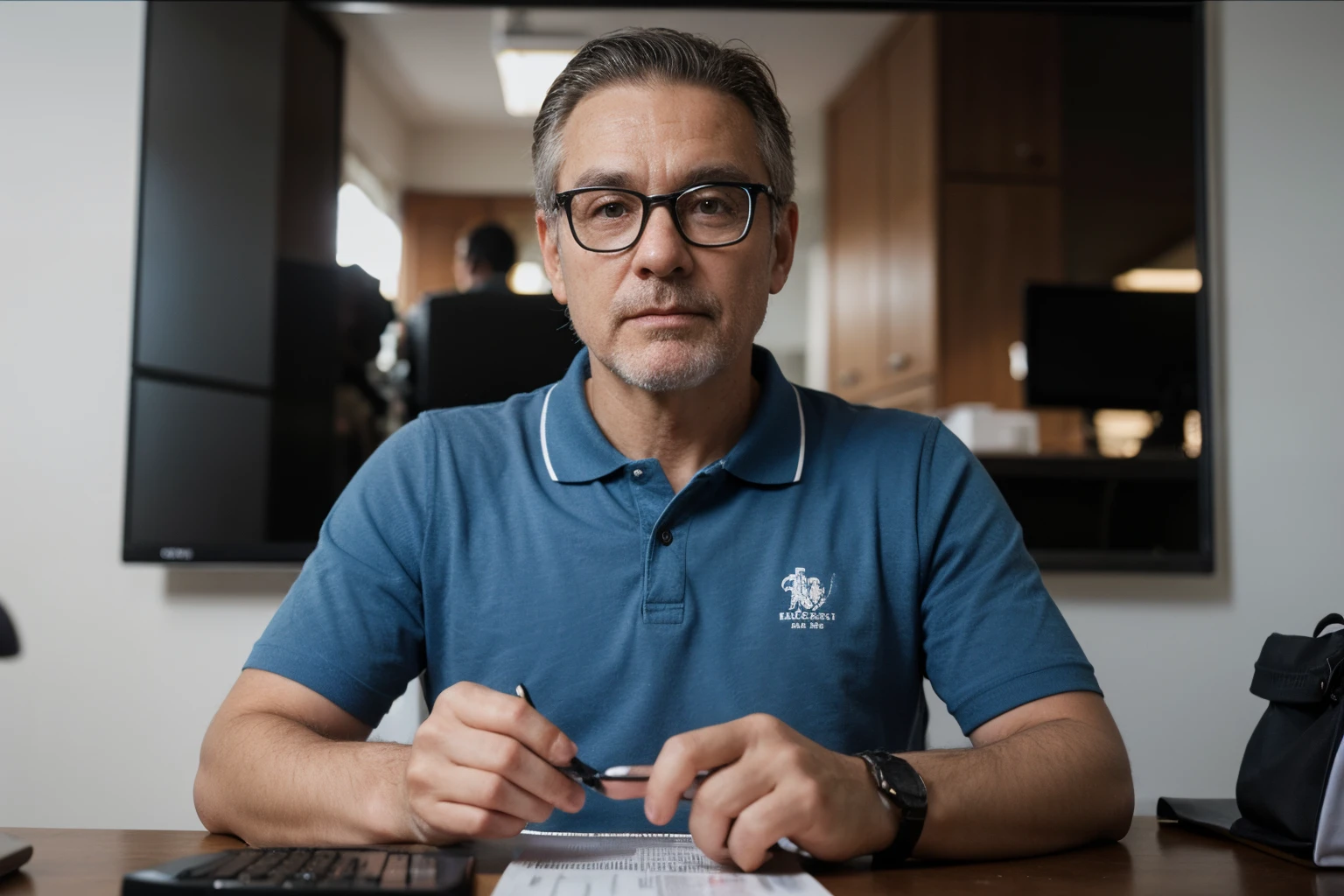 Poster 3d inspirado na Pixel, capturing a scene with a 57 year old man with little gray hair combed back, barba custa grisalha, olhos grandes, nariz grande, wearing glasses with black frame, com camisetas polo azul. Ele esta em uma sala com um computador e bastante caixas de entregas via correio.