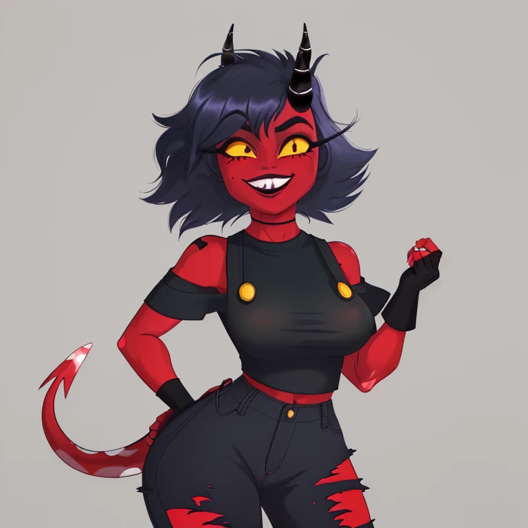 (masterpiece, best quality:1.2), cowboy shot, solo, 1girl, hbmillie, demon girl, colored skin, red skin, smile, looking at viewer, hands on hips, horns, colored sclera, yellow sclera, torn clothes, off-shoulder shirt, fingerless gloves, tail , big breasts , big ass , style the agent spy