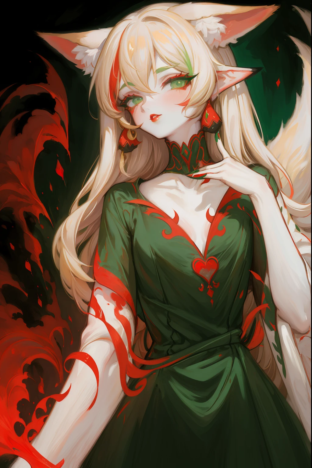 Upper body standing painting, sweetheart, solo, pale-skinned, (Fox ears), Green-eyed, Red Eyeshadow, red lips, black magic dress, awas, pervert smirk, tmasterpiece, high high quality