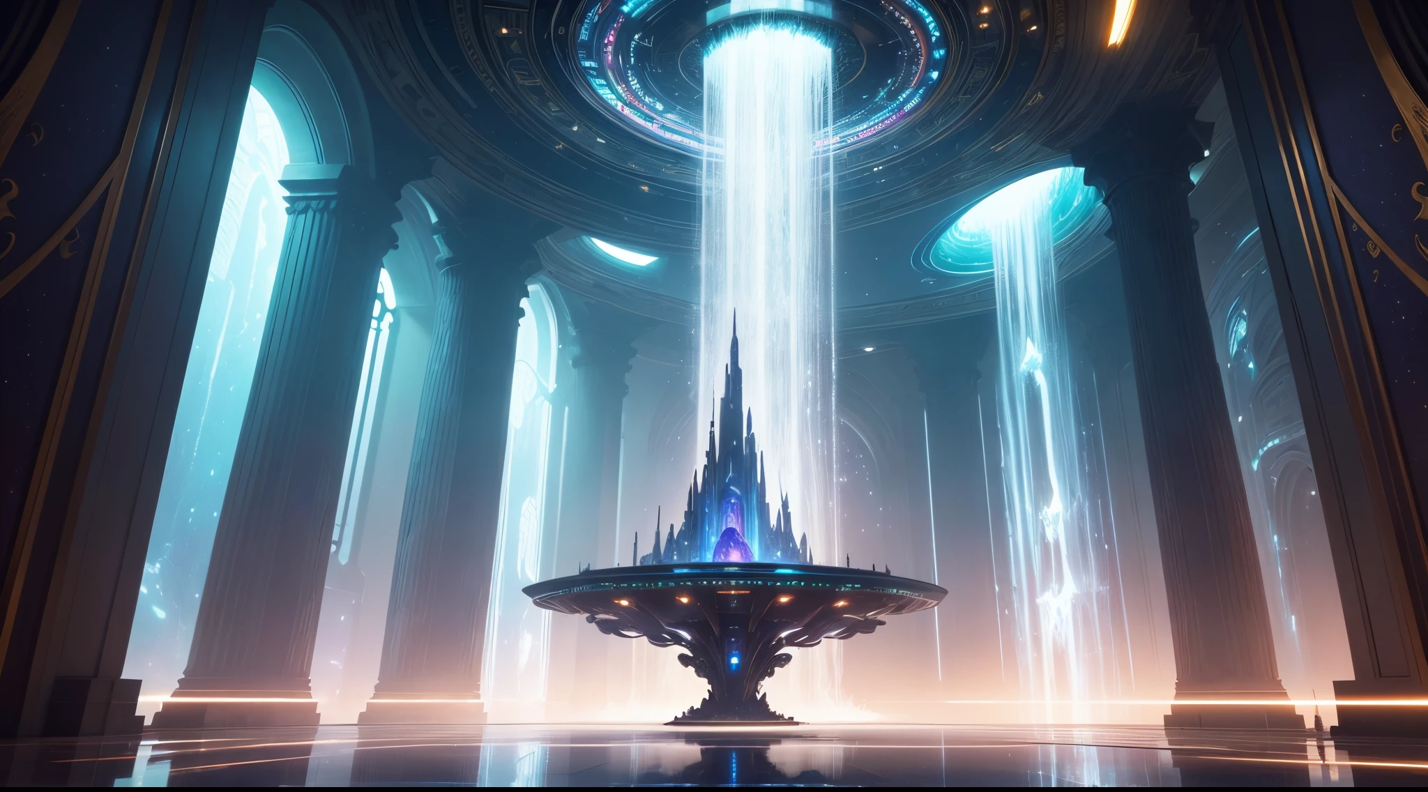 (best quality,4k,8k,highres,masterpiece:1.2),ultra-detailed,(realistic,photorealistic,photo-realistic:1.37),massive architecture,sci-fi fantasy,top-tier,cosmic,otherworldly,enchanted,universe,majestic,extravagant,impressive scale,ornate design,intricate details,holographic projections,advanced technology,stunning skyline,hovering structures,glimmering lights,grand entrance,spacious interior,floating platforms,ethereal glow,pulsating energy,interdimensional portals,alien artifacts,celestial beings,lush gardens,spectacular waterfalls,levitating vehicles,awe-inspiring views,endless corridors,epic proportions,futuristic atmosphere,vibrant colors,seamless integration of nature and technology,architectural marvels,mesmerizing symmetry,dynamic shapes,gravity-defying elements,surreal ambiance,dazzling display,limitless possibilities,unimaginable wonders
