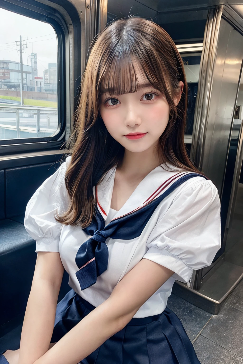 Top quality, masterpiece, realistic, photorealistic, bright lighting, 1 girl, very beautiful 17 year old girl, (kawaii:1.2), thin smile, (brown eyebrows), (bangs), perfect skin, ( Precise hands without discomfort), big and plump breasts, narrow waist with big breasts, look at the viewer, ((sailor suit)), ((short-sleeved uniform white shirt)), (red tie), (blue mini Skirt), knee socks, (loafer shoes), daytime, train background,