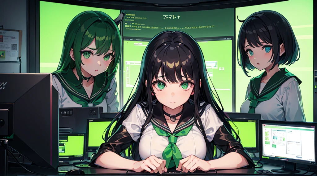 (3 girls, black hair, green eyes, sailor suit, headset, operating, kawaii), (green cyberpunk, room with big monitors, green neon)
