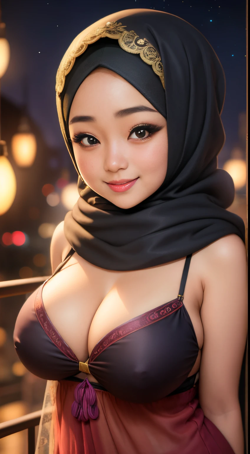 (night scene, sexy  javanese girl with hijab, posing, look at a camera and smile, pastel hijab, big tit, cute young face, 18 yo, soft volumetric lightacklit:1.3), (cinematic:1.3), intricate details, (ArtStation:1.2),Best quality, high resolution, masterpiece: 1.3), big breasts, slim figure, sweatshirt, beautifully presented details in the street and facial and skin texture, detailed eyes, double eyelids, shirt open