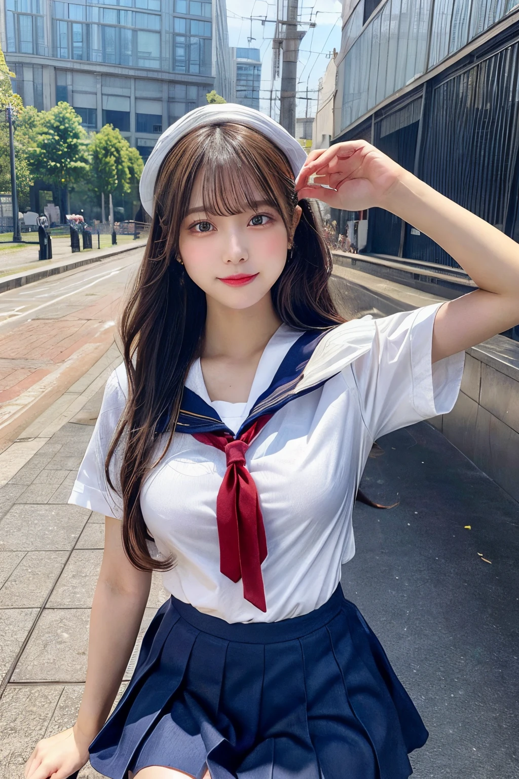 Top quality, masterpiece, realistic, photorealistic, bright lighting, 1 girl, very beautiful 17 year old girl, (kawaii:1.2), thin smile, (brown eyebrows), (bangs), perfect skin, ( Precise hands without discomfort), big and plump breasts, narrow waist with big breasts, look at the viewer, ((sailor suit)), ((short-sleeved uniform white shirt)), (red tie), (blue mini Skirt), knee socks, (loafer shoes), daytime, train background,