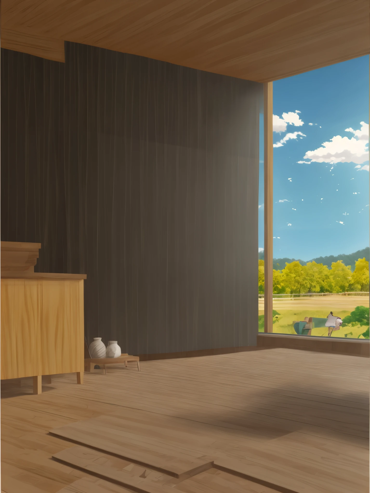 establo, anime, vigas de madera, paja, piso de establo, paredes de madera, de fondo  paisaje de camino,  anime, arte, 2d, ilustracion de alta resolucion