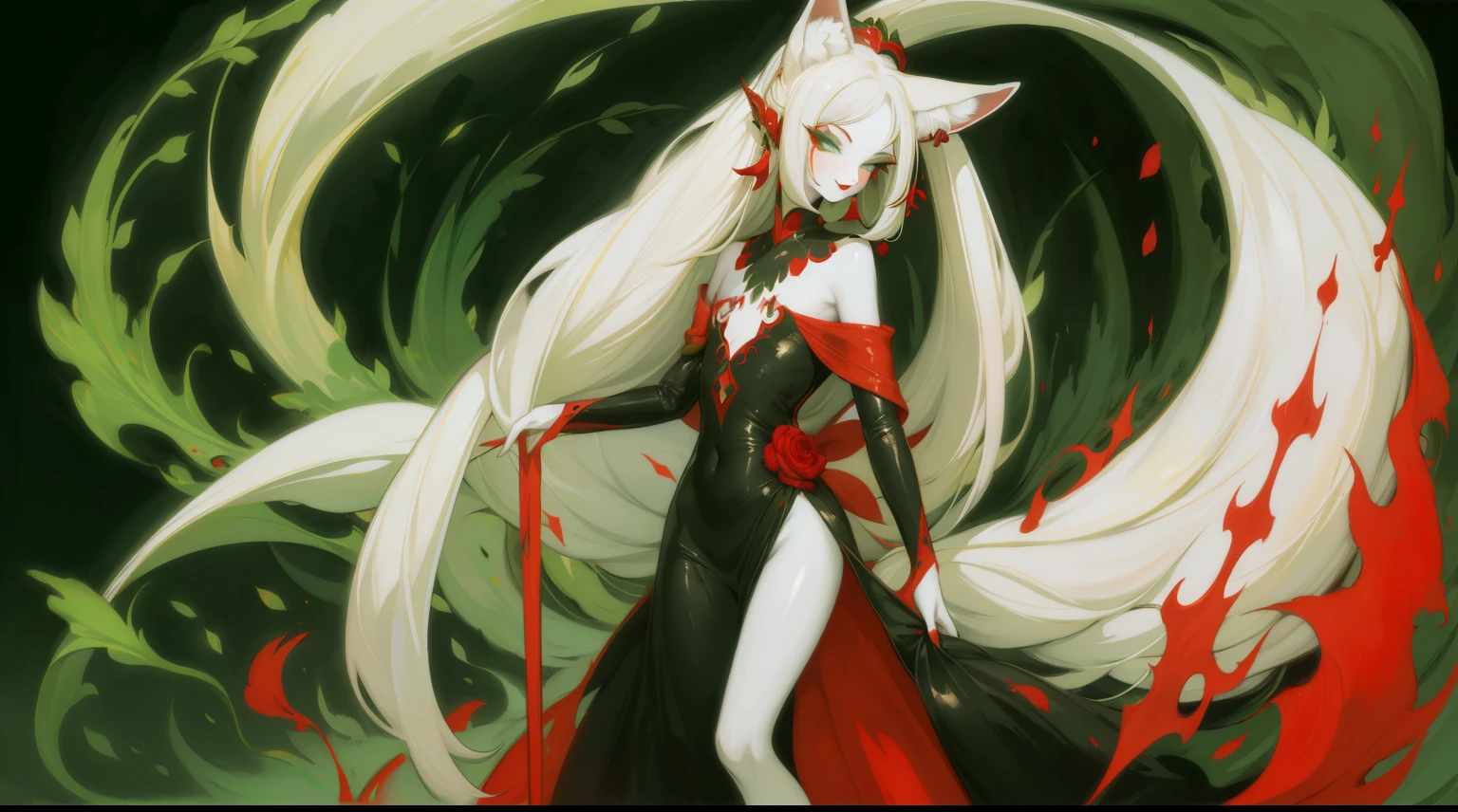 Full body standing painting, sweetheart, solo, pale-skinned, (Fox ears), Green-eyed, Red Eyeshadow, red lip stick, black magic dress, awas, pervert smirk, tmasterpiece, high high quality, minimum, Tiny,