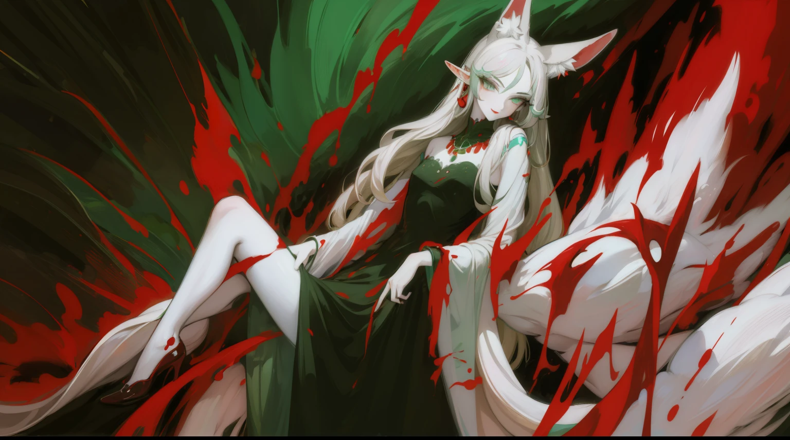 Full body standing painting, sweetheart, solo, pale-skinned, (Fox ears), Green-eyed, Red Eyeshadow, red lip stick, black magic dress, awas, pervert smirk, tmasterpiece, high high quality, minimum, Tiny,