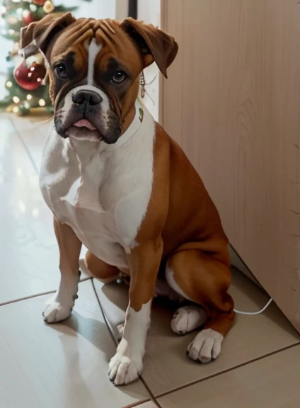 Happy boxer dog sitting on the floor next to the Christmas tree with Christmas lights in the background!!!! Cachorro macho filhote!!! With delicate features male and cub, cor marrom claro com detalhes brancos na pata, Neck strap, peito e ponta da calda. (( Brown muzzle with white features )). good ilumination, Cinematic lighting.cachorro relaxado sentado