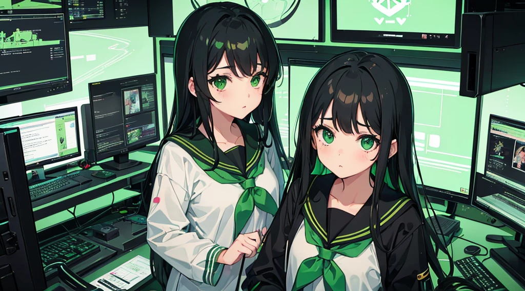 (2 girls, black hair, green eyes, sailor suit, operating, kawaii), (green cyberpunk, room with big monitors, green neon)