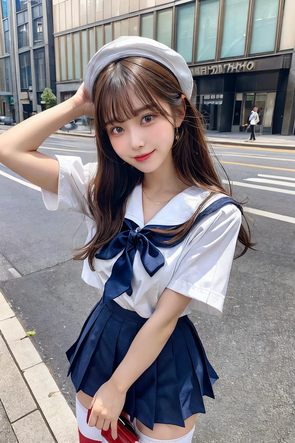 Top quality, masterpiece, photorealistic, bright lighting, 1 girl, amazingly beautiful 17 year old girl, (kawaii:1.2), thin smile, (brown eyebrows), (bangs), perfect skin, (unnatural) (not precise hands), big and voluptuous breasts, small waist with big breasts, look at the viewer, ((sailor suit)), ((short-sleeved uniform white shirt)), (red tie), (blue miniskirt) , (knee socks), (loafer shoes), daytime, street corner background,