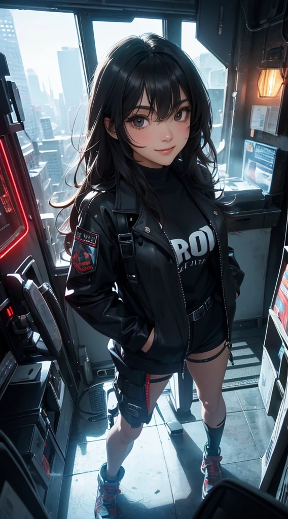((8k wallpaper of extremely detailed CG unit, ​masterpiece, hight resolution, top-quality)), (Beautuful Women, Smiling smile, Pose like a model with your hands in your pockets:1.8, Grunge Fashion, wearing a futuristic long coat:1.2, Wearing micro mini shorts:1.2, Wearing sneakers:1.1), ((extra detailed face, Highly detailed black eyes, extra detailed body, Top quality real texture skins)), (A dark-haired, hair messy, de pele branca), (building indoors, glowing neon), (high-angle:1.2, Fisheye:1.3), hyper realisitic, digitial painting,