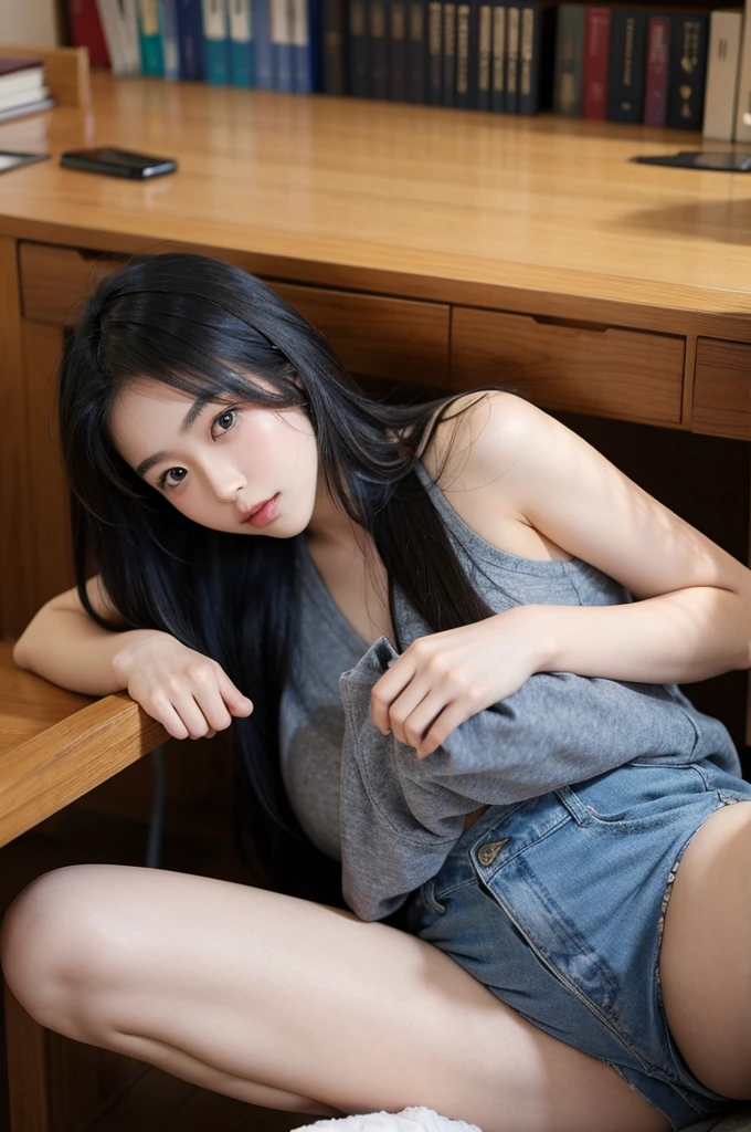 Perfect Japanese Girl, 23 years old, huge breats, spreading legs, long black hair, cute face, library setting