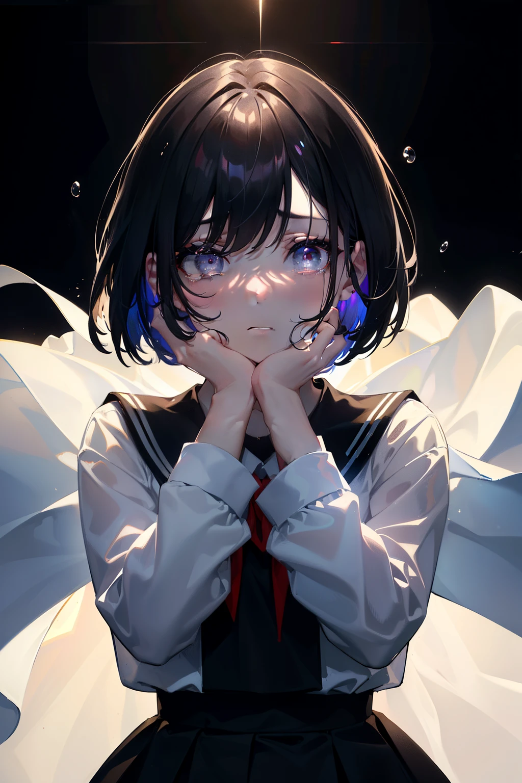 (Obra maestra, La mejor calidad, ultrahigh resolution), 1girl, ((wearing school uniform)), black hair, bob cut, pale skin, hazel eyes, glowing_eyes, neon eyes, ultra detailed eyes, beautiful and detailed face, detailed eyes, ((centered)), (tears), ((wide shot)), facing viewer, eye level, (background, black background), ((hands, hands over face), flat chested, looking at viewer, ((half closed eyes)), (perfect hands), constricted pupils, (head, arms, elbows, SFW, in view), (17 years old), (perfect anatomy)