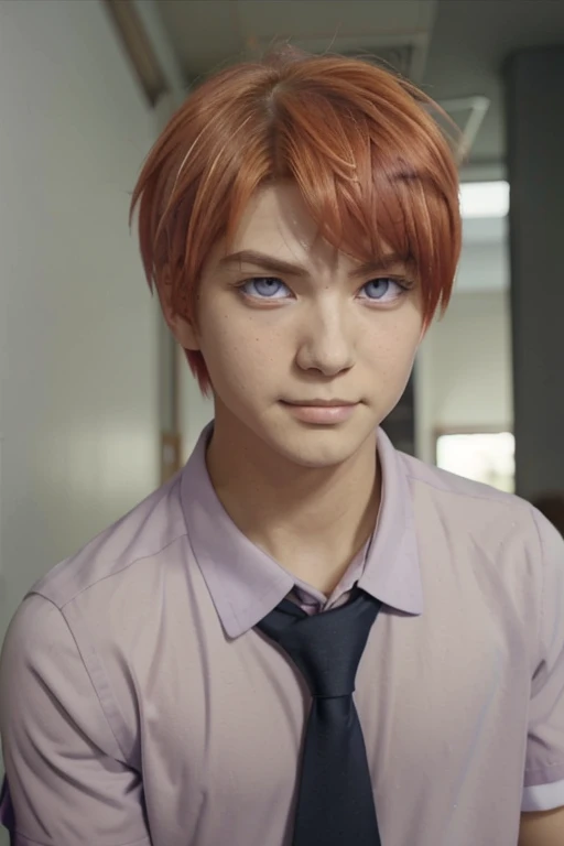 masterpiece, best quality, high quality, 1boy, solo, male focus, looking at viewer, upper body, asano_gakushuu, purple eyes, orange hair, school uniform,