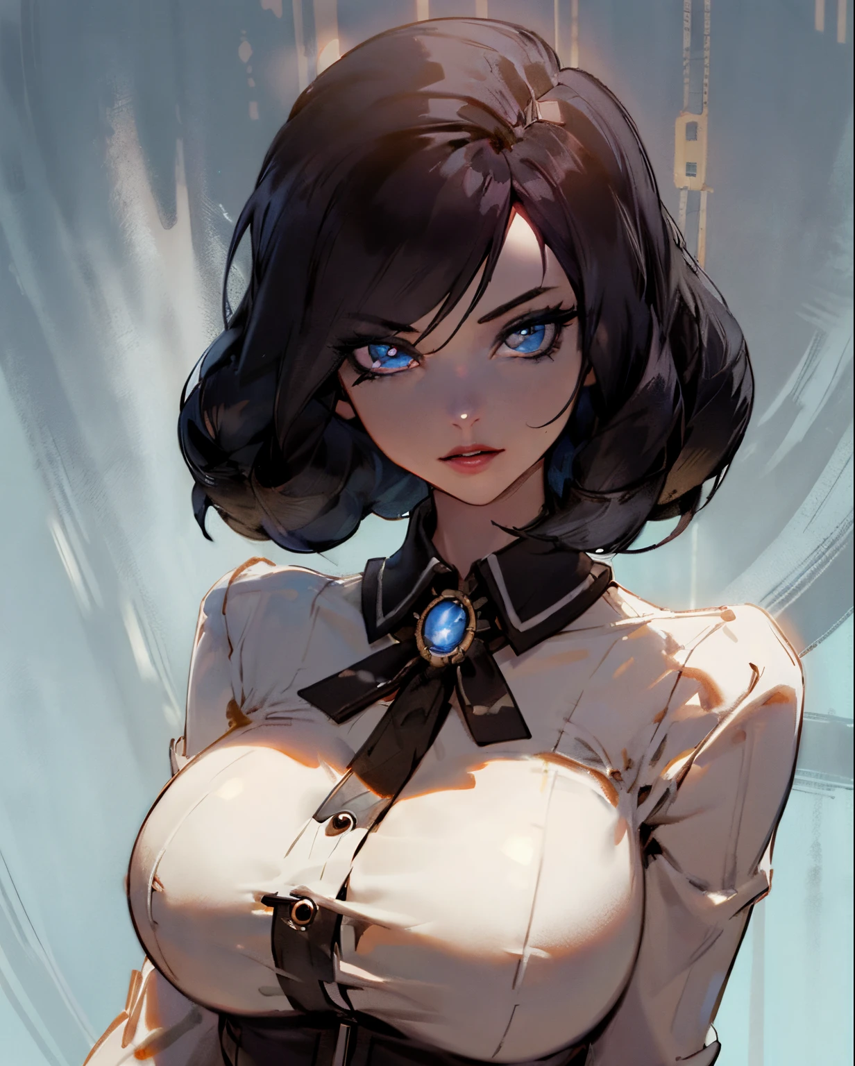 (Detailed Lights, Detailed Shadows), 1Woman, black Hair, (Elizabeth), Bioshock infinite, , White blouse, ((Detailed Eyes)), upper body view, black Eyetremely Detailed Clotheodern Clotheeautiful Hair, Muscular, glowing blue eyes, puffy lips, large breasts, Hair Down, Extremely Detailed Background, Beautiful Background