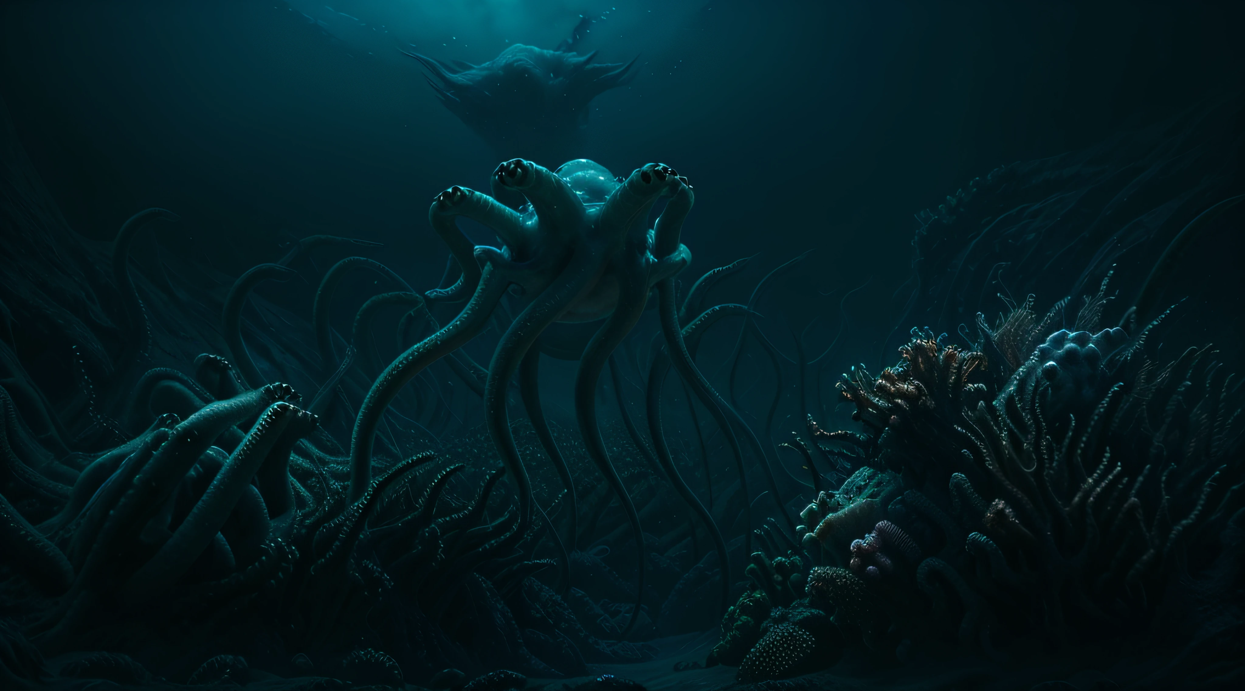 underwater, bottom of the ocean, flora, deep into the water, dark, cthulhu, thousands of tentacles filling the screen, horror, elder god, evil ominous, lovecraft horror, slimy creatures, atmospheric, Bokeh, Depth of Field, ray tracing, HDR, bloom, Chromatic Aberration ,Photorealistic,extremely detailed, trending on artstation, trending on CGsociety, Intricate, High Detail, dramatic, art by midjourney, volumetric lighting