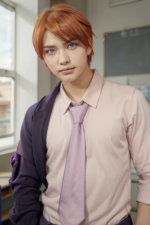 masterpiece, best quality, high quality, 1boy, solo, male focus, looking at viewer, upper body, asano_gakushuu, dark purple eyes, orange hair, pink natural lips, school uniform,
