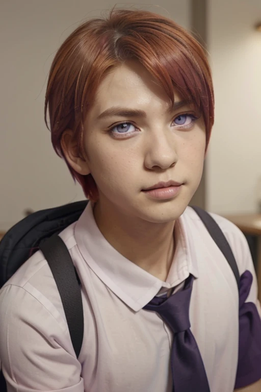 masterpiece, best quality, high quality, 1boy, solo, male focus, looking at viewer, upper body, asano_gakushuu, dark purple eyes, orange hair, pink natural lips, school uniform,