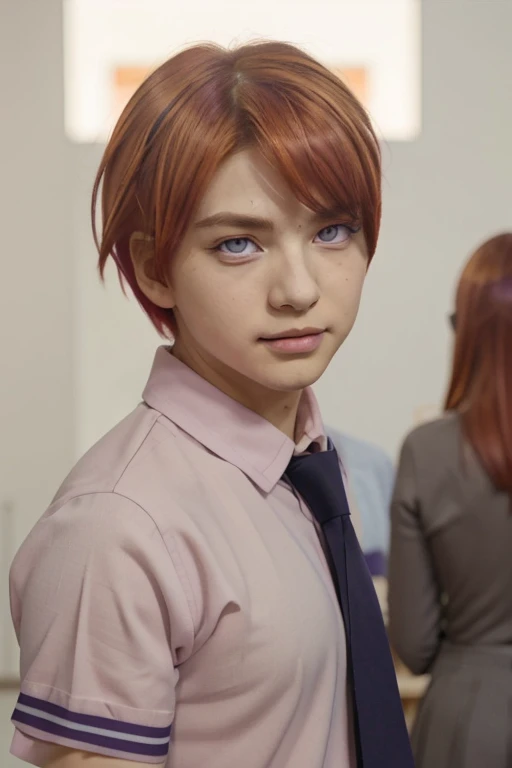 masterpiece, best quality, high quality, 1boy, solo, male focus, looking at viewer, upper body, asano_gakushuu, dark purple eyes, orange hair, pink natural lips, school uniform,