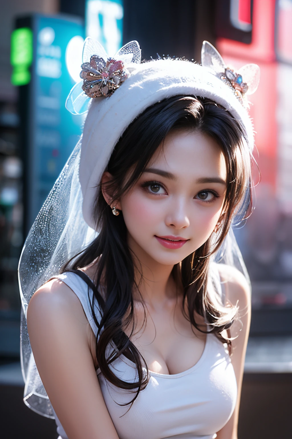 sportsbra, nsfw,Highest Quality, Highest image quality, RAW Photos, Realistic, Photorealsitic, ultra detailed and beautiful, highest details, 1young girls, good-looking, Beautiful fair skin and luster, Beautiful eyes are big and bright, Small mouth and thin lips, hijabi, Goodness of style and slenderneseautiful big breasts:1.3), She has a cheerful personality and a cute smile......, Natural makeup, Pearl Pin Cripantasy see-through costume with cute details and wide breasts:1.5), Cute little girl s, beautiful girl illuminated by seven colors of light, Irridescent color,