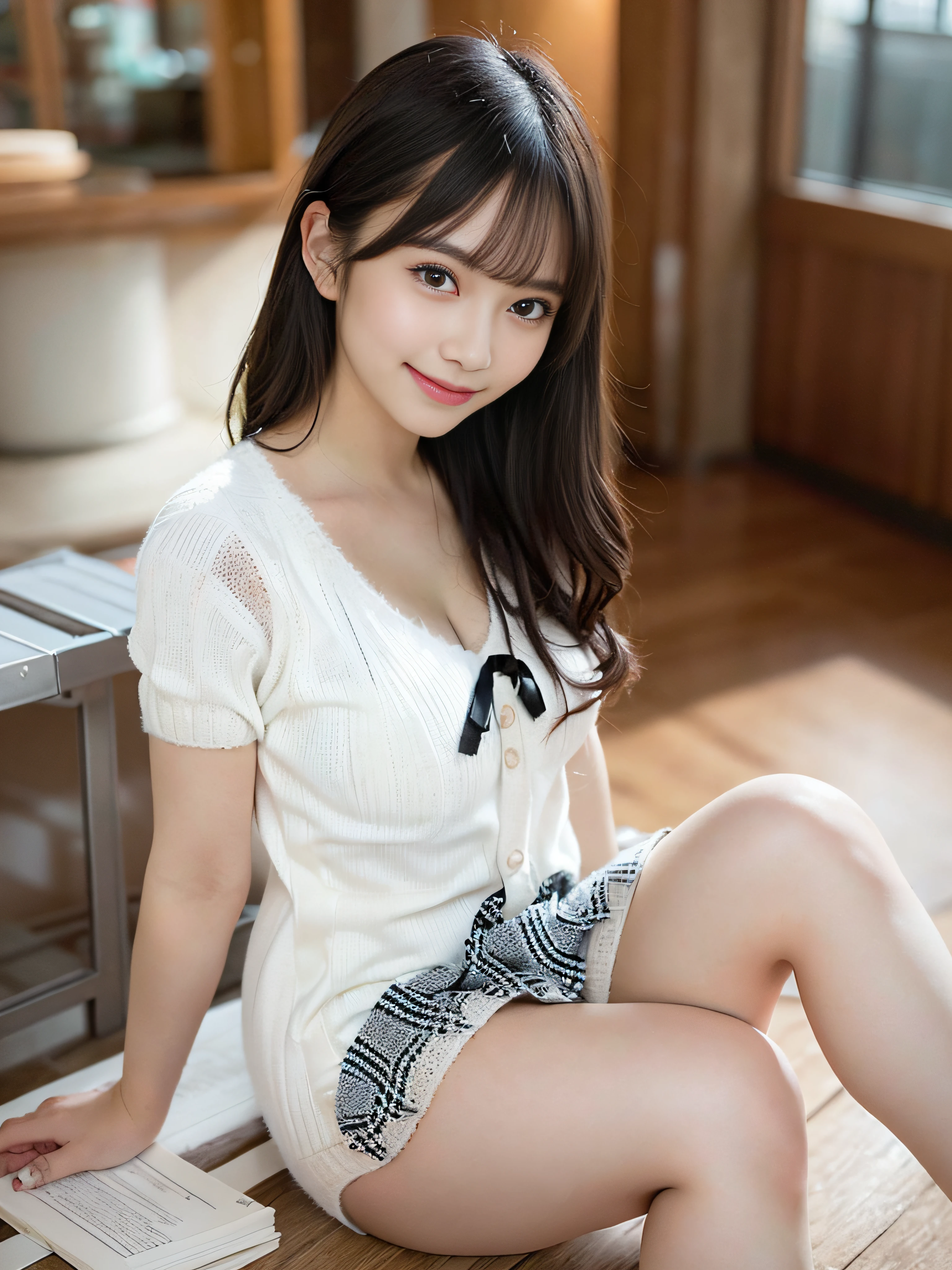 masutepiece, Best Quality, Ultra-detailed, finely detail, hight resolution, in 8K, ((Photorealsitic:1.4, Raw photography, 超A high resolution,Top image quality: 1.4)), Wallpaper, ((Perfect whole body configuration1.5)), Beautiful detailed eyes, Natural Color Lip, ((a serene smile:1.5)), ((Random and cute hairstyles)), ((rather large breasts、breasts open、No Underwear:1.2)), ((from the front side:1.5)), ((breastsout、under look eye rest out、Mole on the arm:0.9)), ((Random blurry background)),((the setting sun)),((Colored leaves)), ((Random and cute facial expressions)),, very detailed and professional lighting、 Perfect dynamic composition, Beautifully detailed eye ends:1.5)), ((White sweater:1.6)),((Black and white checked miniskirt:1,5)),((Smile,Harajuku)),((Sexy shot looking at camera))｟Black knee-high boots｠（sitting on）、Clear skin