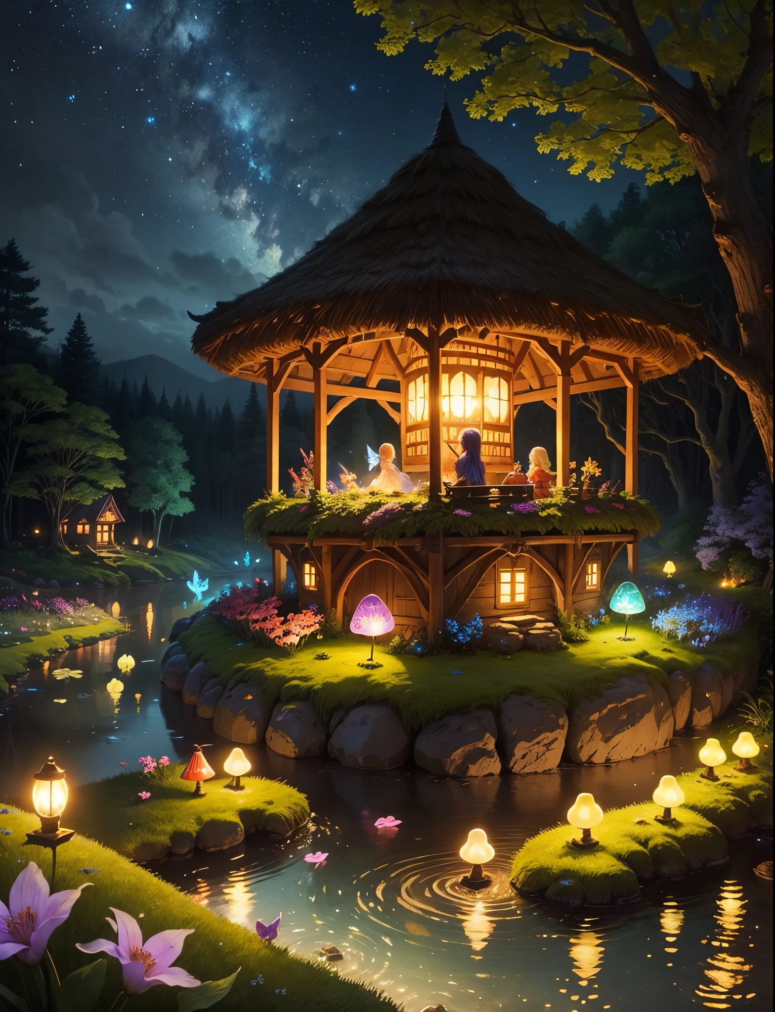 a glowing fairy village,set on a mossy meadow,surrounded by tall trees and blooming flowers,with colorful toadstool houses,sparkling river,soft glow of fireflies,ethereal music in the air,butterflies fluttering around,floating lanterns lighting up the night sky,gentle breeze rustling the leaves,enchanted atmosphere of magic and whimsy,peaceful and serene setting,luminous and vibrant colors,bathed in moonlight,bursting with life and energy,little fairies dancing and playing,enchanted animals and creatures,pixie dust sprinkled everywhere,mystical and dreamlike ambiance