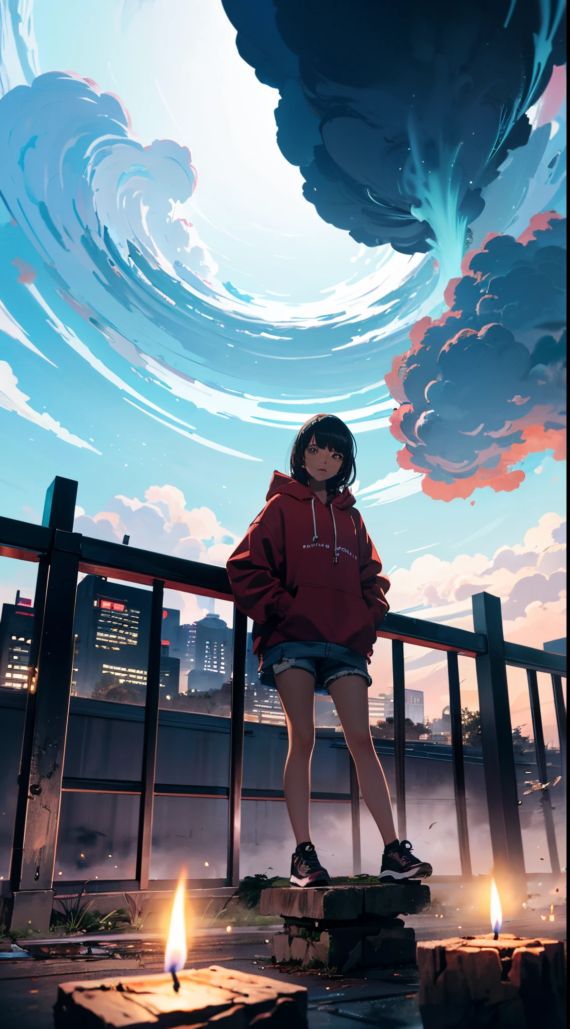 octanerender, Skysky, As estrelas (Skysky), scenecy, starrysky, the night, 1 Black girl, nigh sky, Alone, Outdoor activities, buliding, clouds, milky ways, sitted, shaking candle , long whitr hair, 城市, silhouette angle, Wearing a red hoodie and denim shorts, view over city