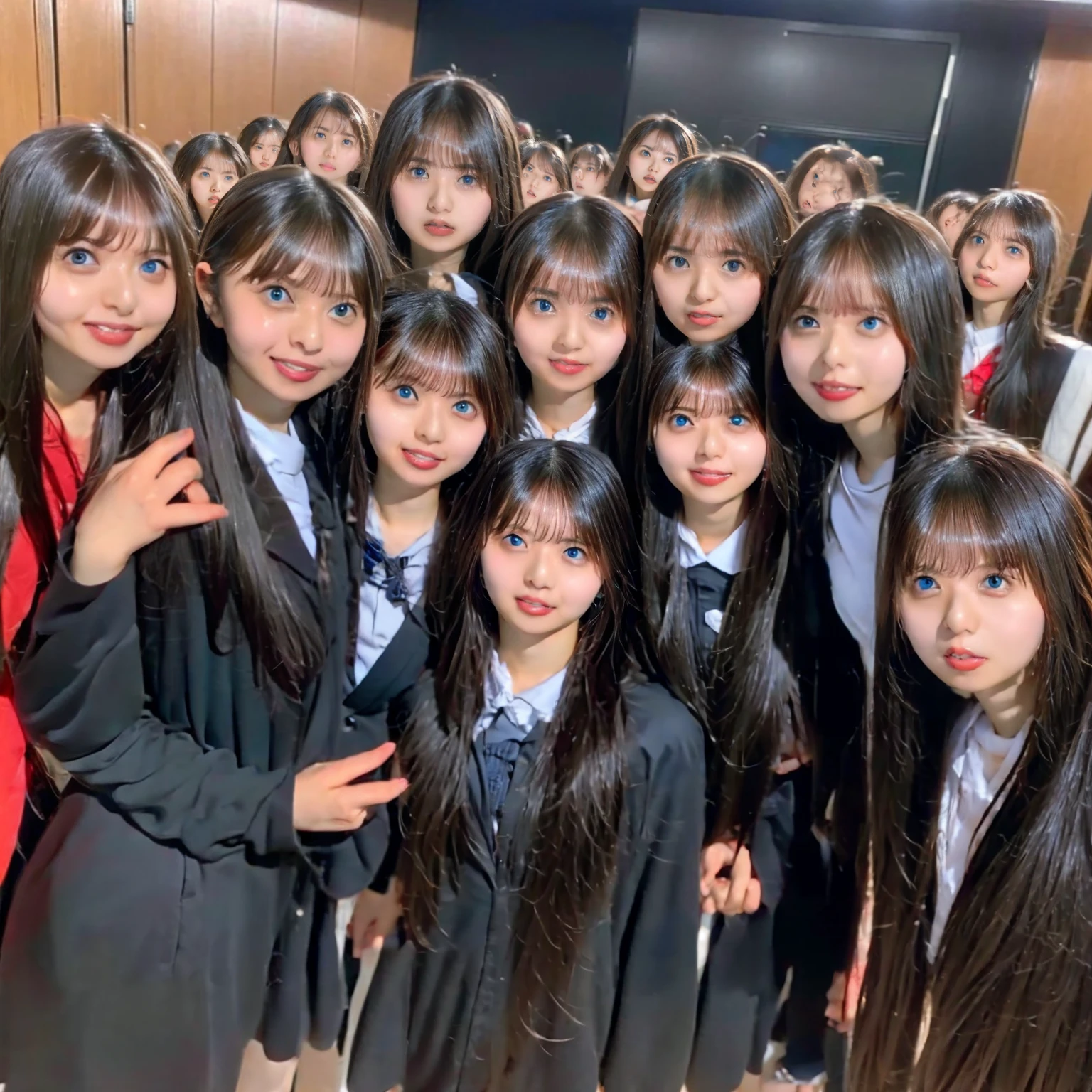 Raw photo、(((multiple girls))),((((6+girls)))),((((100girls)))),(((1000girls)))、((((100 Girls))))、(((crowd shot)))、Women only、The same face、matching school uniform、、Long black hair、100 cute girls going to school、a smile、Commuting to school、School route、In the street、selfee、same person、(((Large group)))、a junior high  student