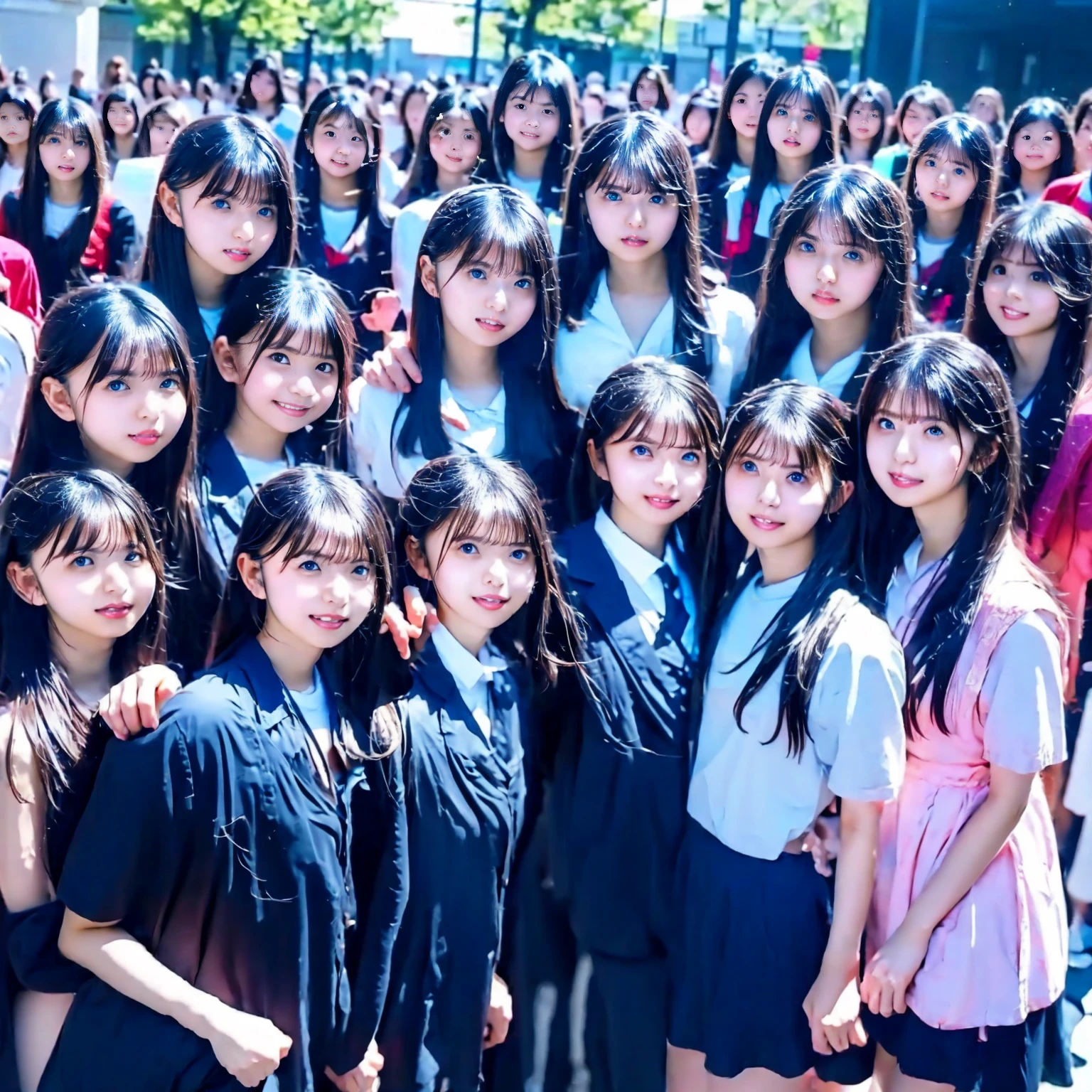 Raw photo、(((multiple girls))),((((6+girls)))),((((100girls)))),(((1000girls)))、((((100 Girls))))、(((crowd shot)))、Women only、The same face、matching school uniform、s old、Long black hair、100 cute girls going to school、a smile、Commuting to school、School route、In the street、selfee、same person、(((Large group)))、a junior high school student