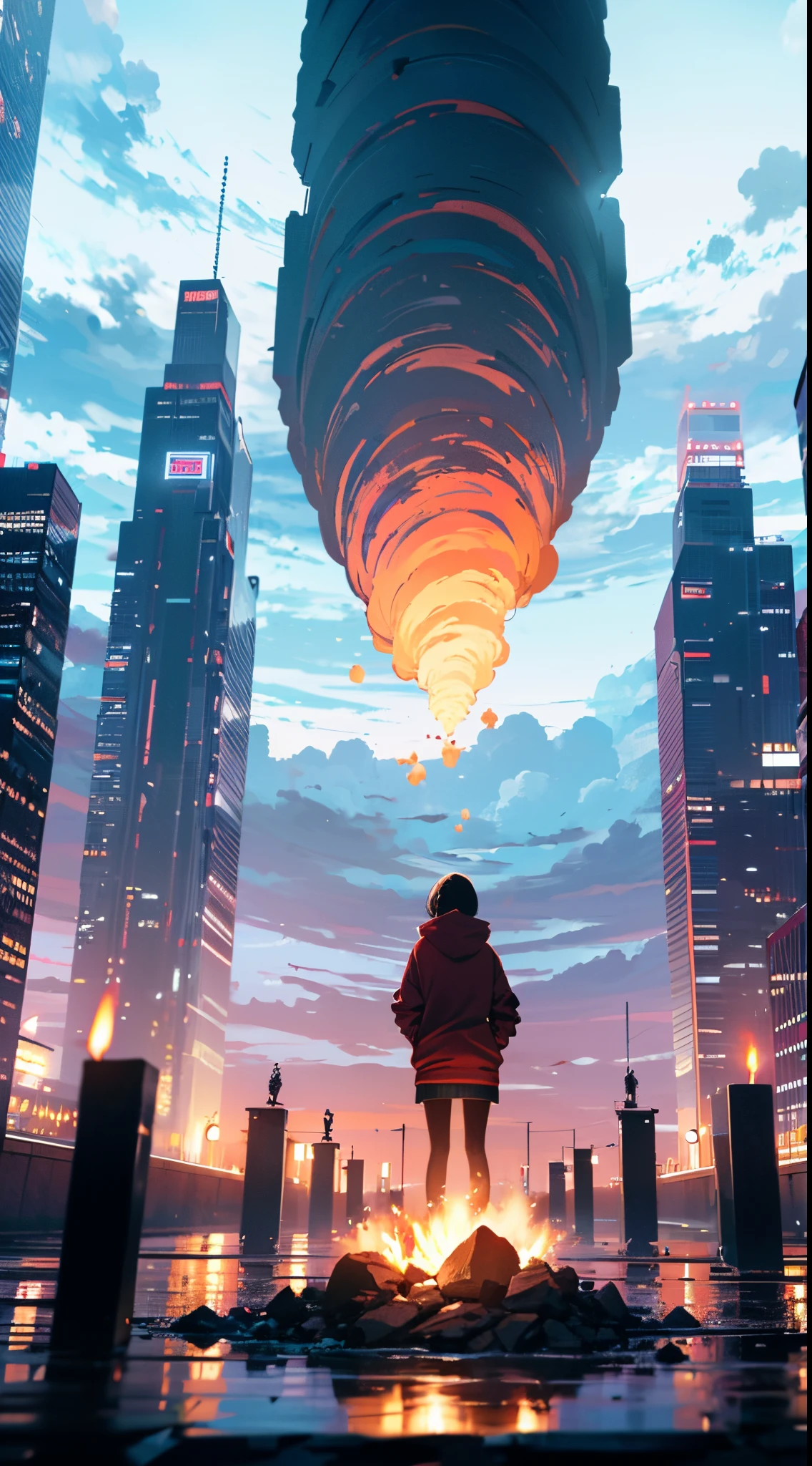 octanerender, Skysky, As estrelas (Skysky), scenecy, starrysky, the night, 1 Black girl, nigh sky, Alone, Outdoor activities, buliding, clouds, milky ways, sitted, shaking candle , long whitr hair, 城市, silhouette angle, Wearing a red hoodie and denim shorts, view over city