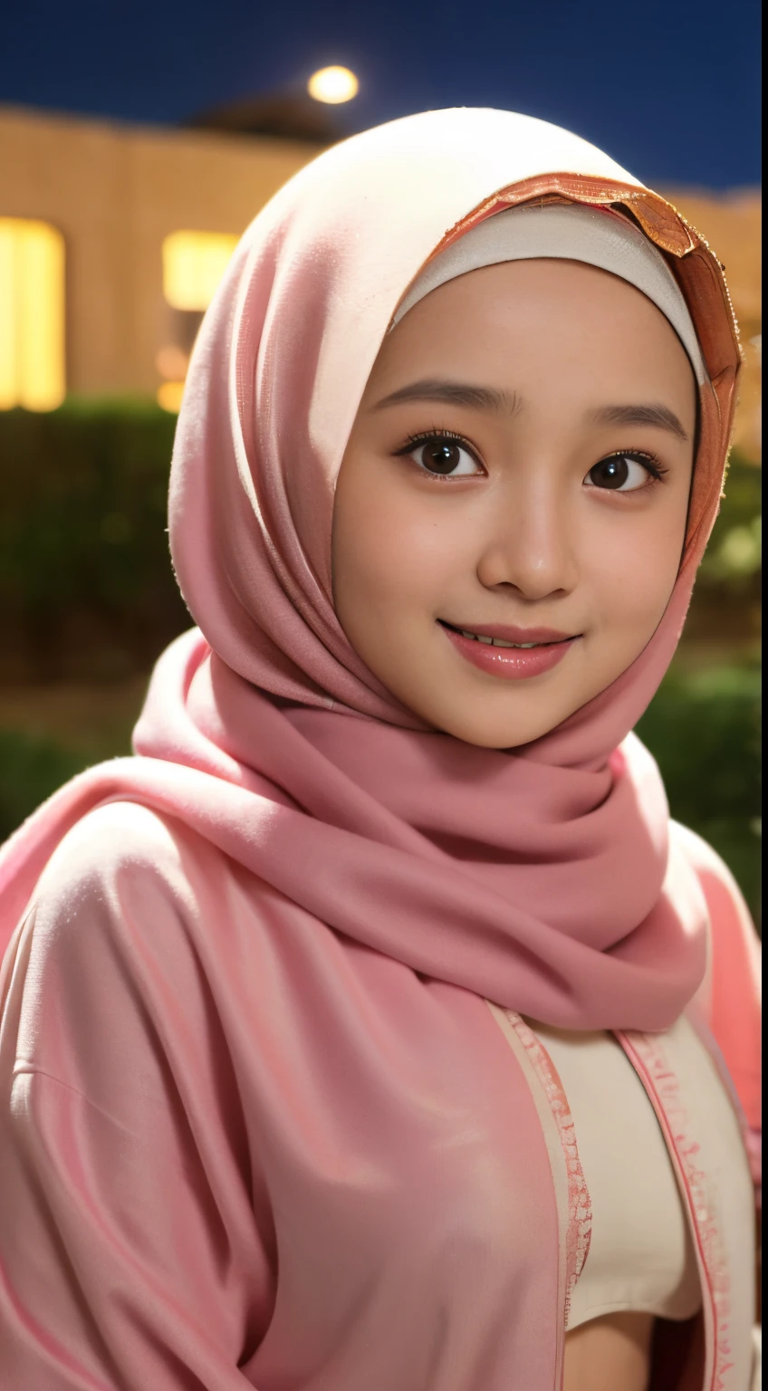 (night scene, sexy  12 years old javanese girl with hijab, posing, look at a camera and smile, pastel hijab, big tit, cute young face, soft volumetric lightacklit:1.3), (cinematic:1.3), intricate details, (ArtStation:1.2),Best quality, high resolution, masterpiece: 1.3), big breasts, slim figure, sweatshirt, beautifully presented details in the street and facial and skin texture, detailed eyes, double eyelids, shirt open