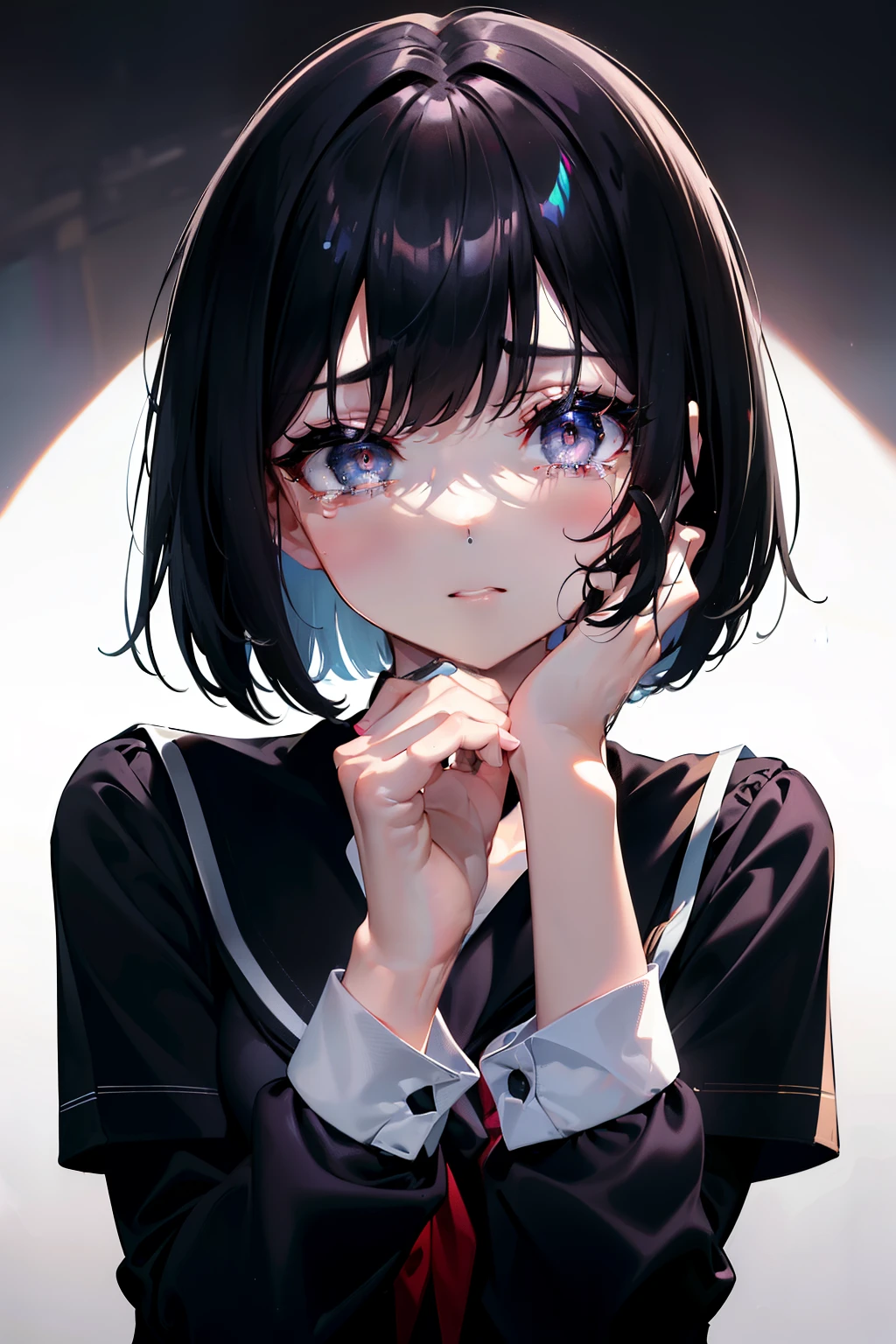 (Obra maestra, La mejor calidad, ultrahigh resolution), 1girl, ((wearing school uniform)), black hair, bob cut, pale skin, hazel eyes, glowing_eyes, neon eyes, ultra detailed eyes, beautiful and detailed face, detailed eyes, ((centered)), (tears), ((wide shot)), facing viewer, eye level, (background, black background), ((her hands over face), flat chested, looking at viewer, ((half closed eyes)), (perfect hands), constricted pupils, (head, arms, elbows, SFW, in view), (), (perfect anatomy)