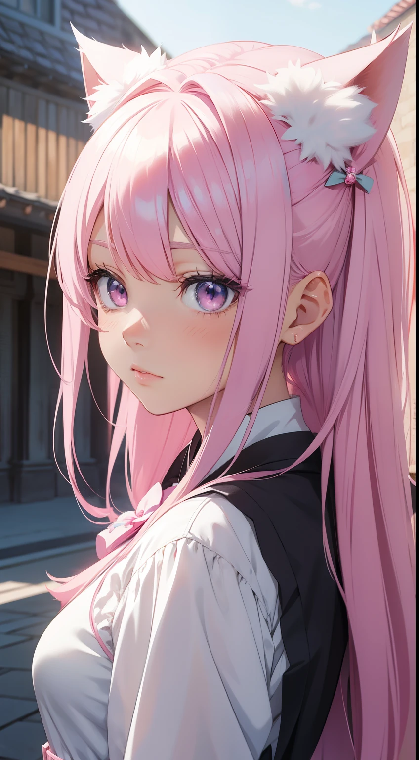 Anime girl pink hair white bow, , Beautiful character painting, , Stunning anime face portrait handsome royal sister wolf ears