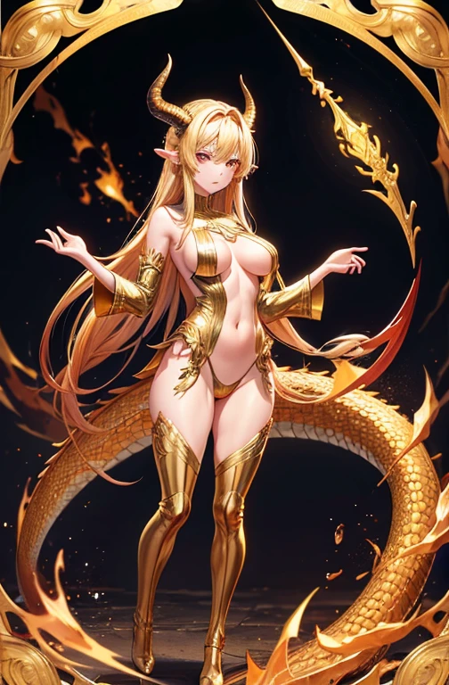 front, standing, looking at me, fullbody, dragon girl, golden hair, golden eyes, half-naked, scales, horns, adult, medium breasts, golden details, golden clothes