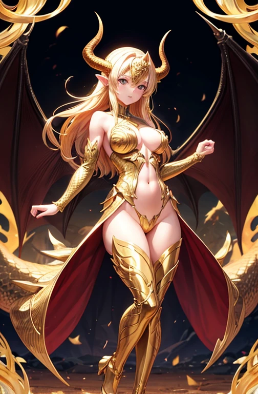front, standing, looking at me, fullbody, dragon girl, golden hair, golden eyes, half-naked, scales, horns, adult, medium breasts, golden details, golden clothes